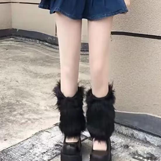 1 Pair Winter Calf Covers Faux Fur Fuzzy Anti-slip Solid Color Elastic Thickened Daily Wear Sports Outing Leg Warmers