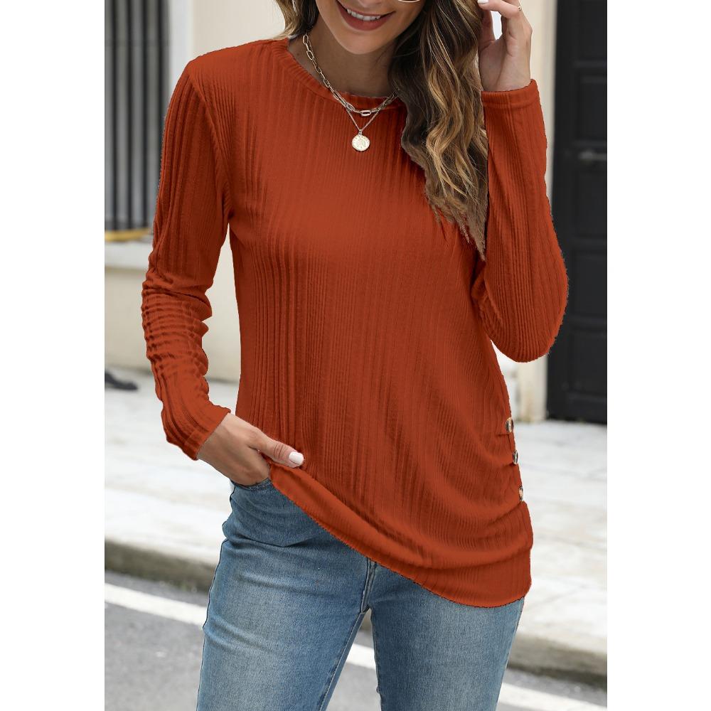 GMXIA Women's Autumn Winter Pit Strip Ground Solid Color Round Neck Button Long Sleeve T-shirt