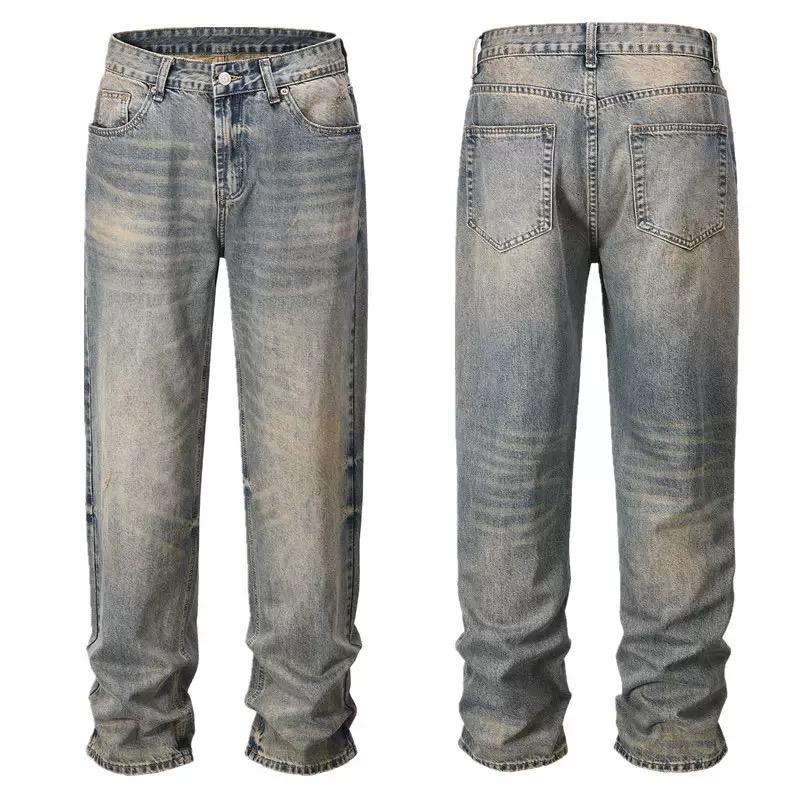 Мужская мода повседневные прямые длинные брюки на молнии из денима, модные уличные рваные узкие джинсы