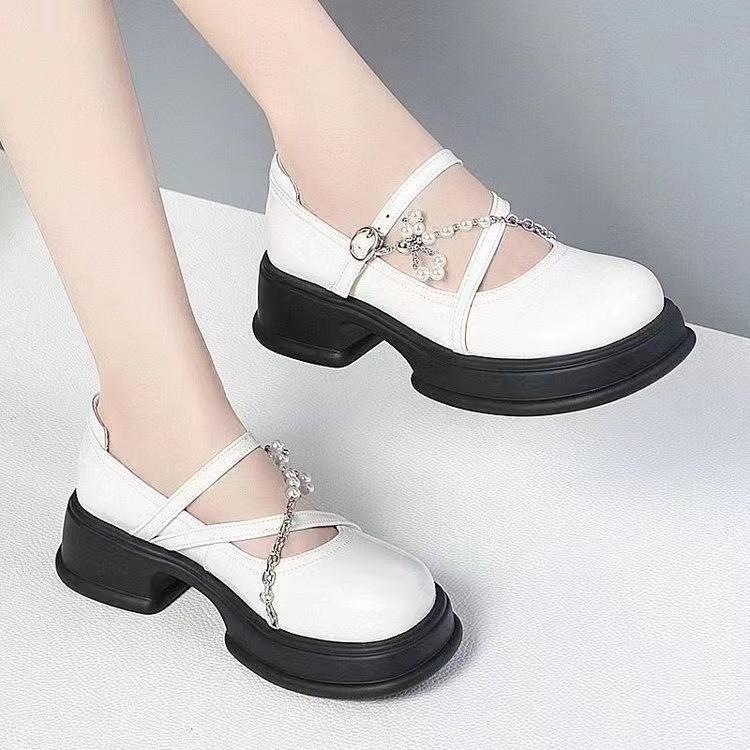 Туфли Мэри Джейн на толстой подошве, женские мокасины в стиле колледжа, туфли с жемчужной цепочкой и сотней, одинарные туфли