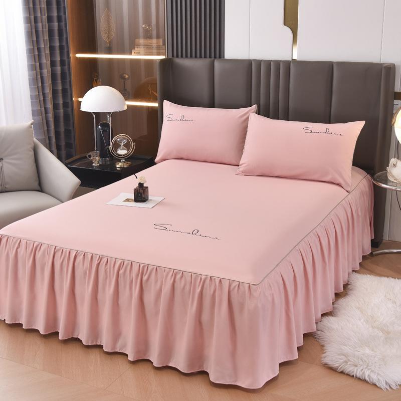 Solid Color New Light Luxury Simple Embroidered Single Bed Skirt Bed Sheet Non-slip Bedspread Four Seasons Princess Style Single Piece