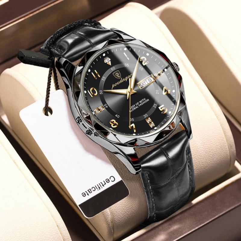 2024 Новый тренд, модные роскошные мужские часы, светящиеся водонепроницаемые часы с двойным календарем, ультратонкие кожаные мужские часы с автоматическим механизмом, украшенные бриллиантами