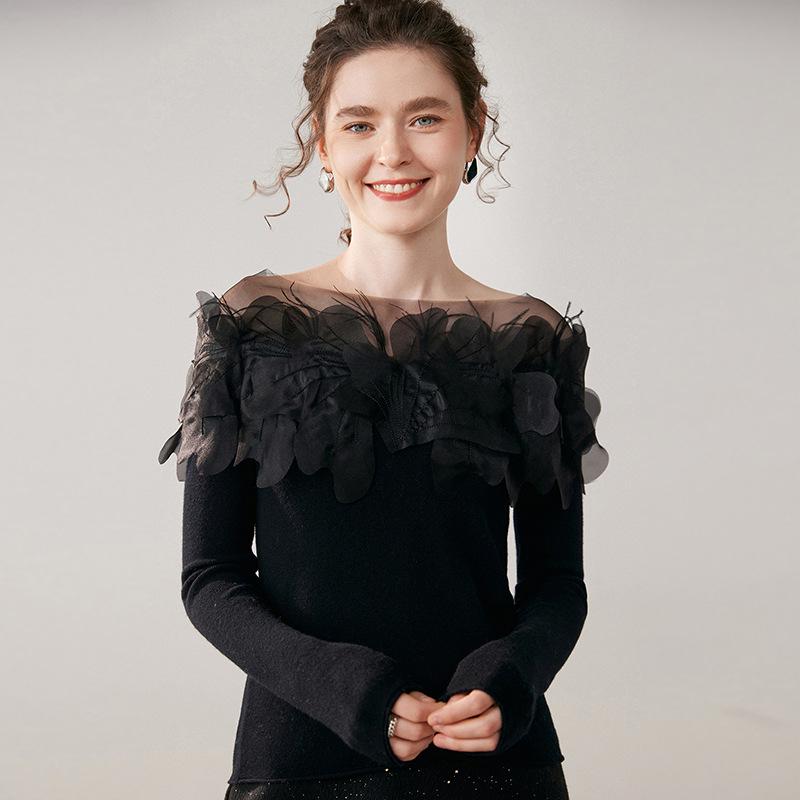 Кашемировый свитер с воротником-стойкой и вышитыми вручную цветами: На одно плечо, Сексуальный и Трехмерный дизайн с перьями