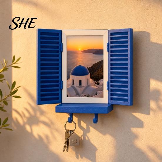Functional Wall Decor Key Holder with Hidden Storage Shelf, Mediterranean-Style Window Frame Photo Personalized Display Stand, Entryway Organizer
