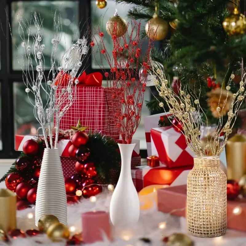 5/1pcs Christmas Artificial Glitter Berry Stem Branches Xmas Tree Ornament 2025 New Year Decoration For Home DIY Vase Filler
