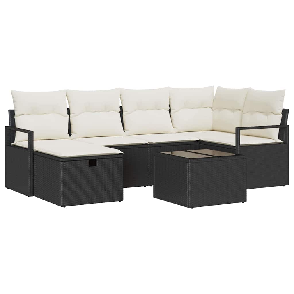 7 Piece Sofa Set with Cushions Black and Cream Poly Rattan