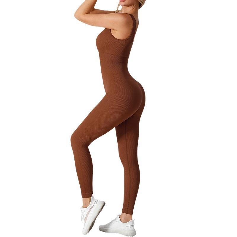 Fitness yoga clothes knitted with chest pads threaded trousers jumpsuit solid color seamless sportswear jumpsuit customization