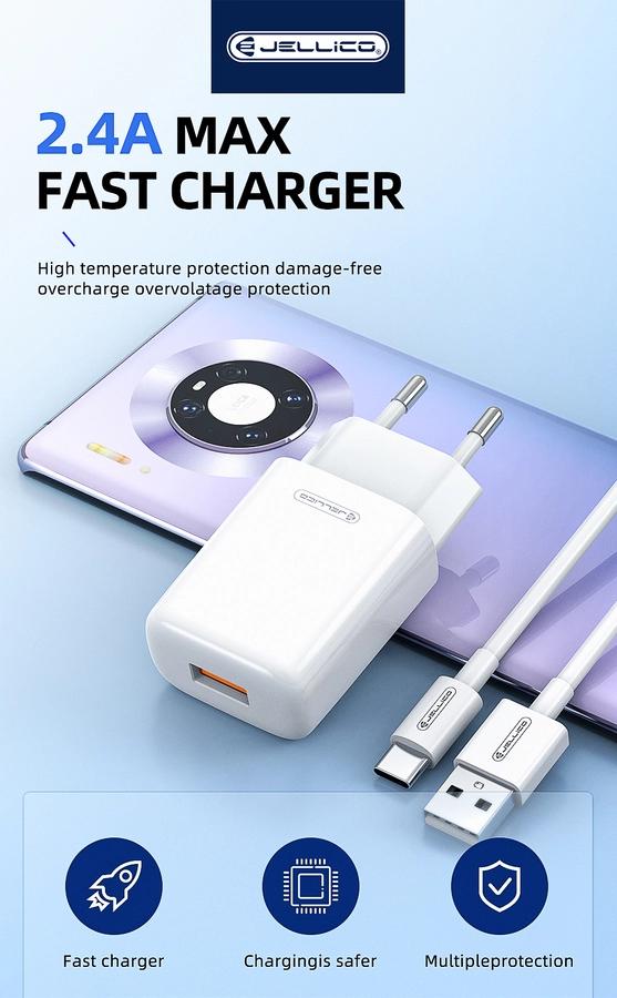 Jellico Adapter Wall Charger For Phone Tablet Usb Cable Micro 2 4A