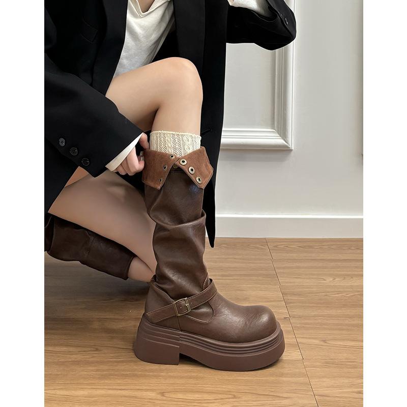 Thick-soled British Style Two Wear Long Boots Women's Autumn and Winter Velvet High Boots Stacking Boots Knight Boots