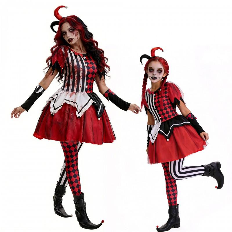 Halloween Clown Costume Kids Adults Circus Themed Dress Set With Headpiece Sleeves Skirt Pants