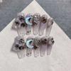 100% HANDMADE Long Coffin Shape Fake Nail Set with Glue Long Crushed Ice Blue Moon Press On Nails Acrylic Fake Nails Reusable Fake Nails