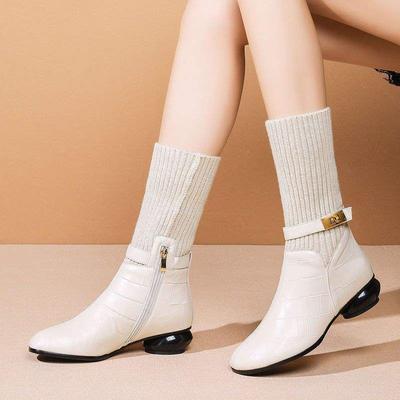 Кремово-белые короткие сапоги для женщин 2025 зима новая тонкая и универсальная вязаная шерсть средней длины сапоги толстый каблук средний каблук сапоги для женщин