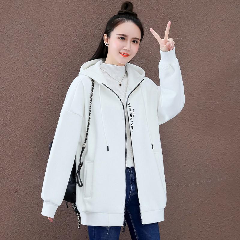 Женская серая толстовка с капюшоном на молнии 2023 года - утолщенный бархат в корейском стиле для осени/зимы