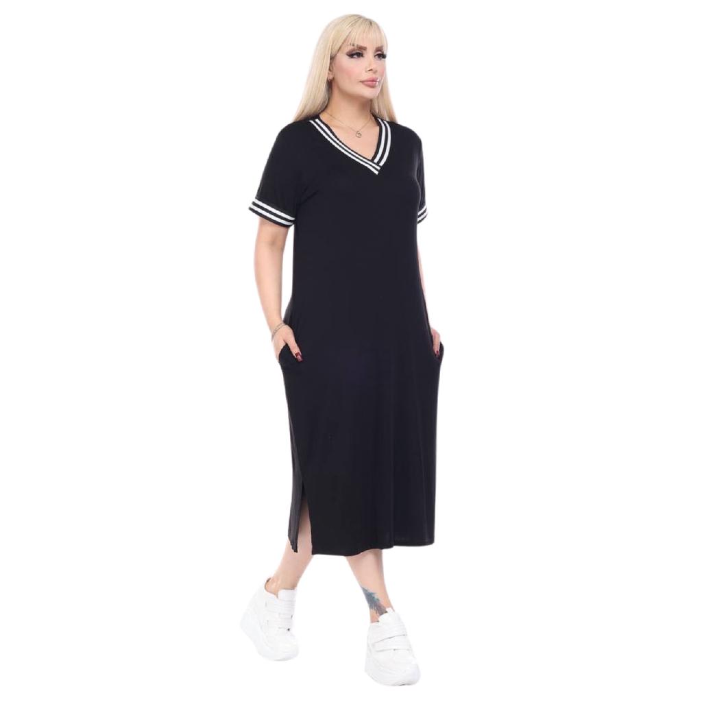 Women's Plus Size Short Sleeve Black V-neck Viscose Dress