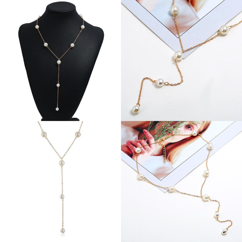 Women Pearl Long Necklace With Water Wave Chain For Wedding And Events Formal