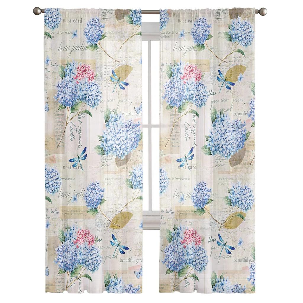 Flower Hydrangea Watercolor Sheer Curtains Transparent Voile Tulle for Bedroom Window Holiday Decoration