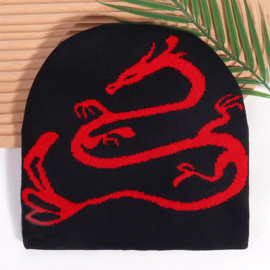 Street Style Knitted Cap With Dragon Animal Pattern For Cold Seasons