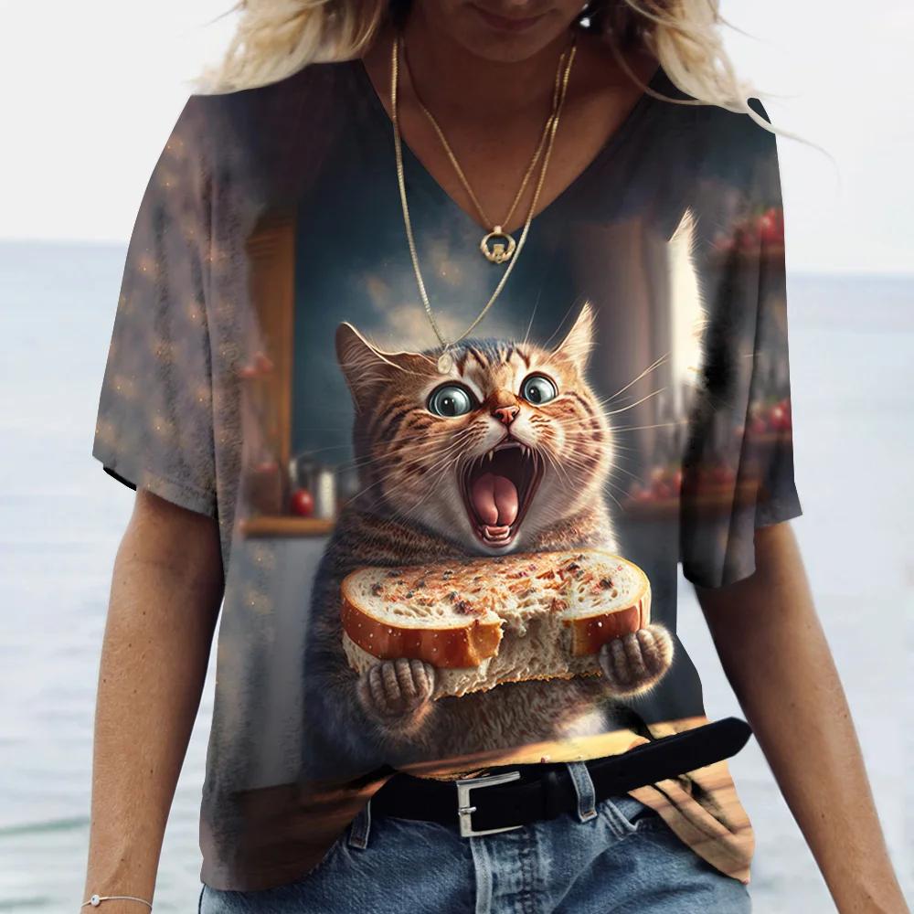 Fashionable Women's T-Shirts Cute Kitten 3D Print Girl Summer Harajuku Loose Casual Clothing Kawaii V-Neck Short Sleeve T-Shirts