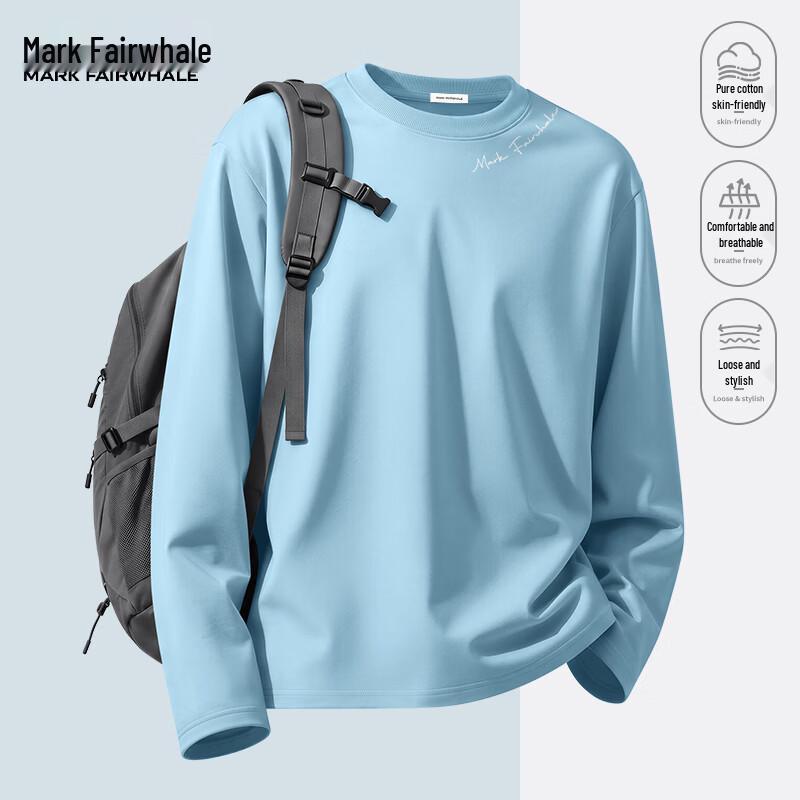 MARK FAIRWHALE Men's Loose Fit Pure Cotton Long Sleeve Crew Neck T-Shirt