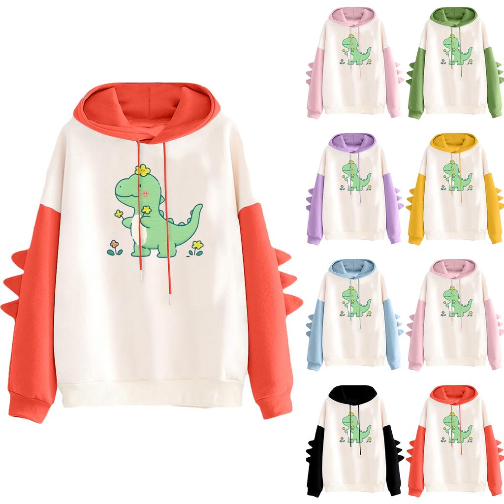 Women's Printed Contrasting Dinosaur Loose Casual Hoodie