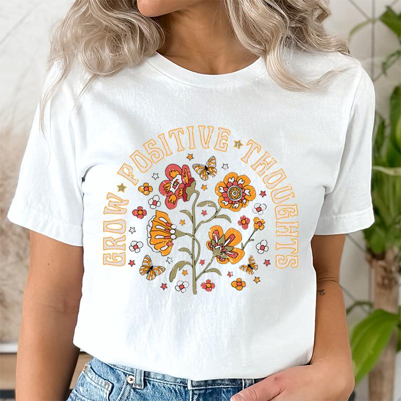 Женская футболка, винтажная рубашка с принтом Wildflower Grow Positive Thoughts, винтажный повседневный топ с диким цветком, футболки для влюбленных с цветочным принтом