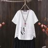 Cartoon Feather Print V-neck Cotton Linen T-shirt for Women - 2025 Summer