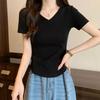 V-neck short-sleeved t-shirt women's summer new Korean version short Spice Girl sexy irregular bottoming shirt top versatile