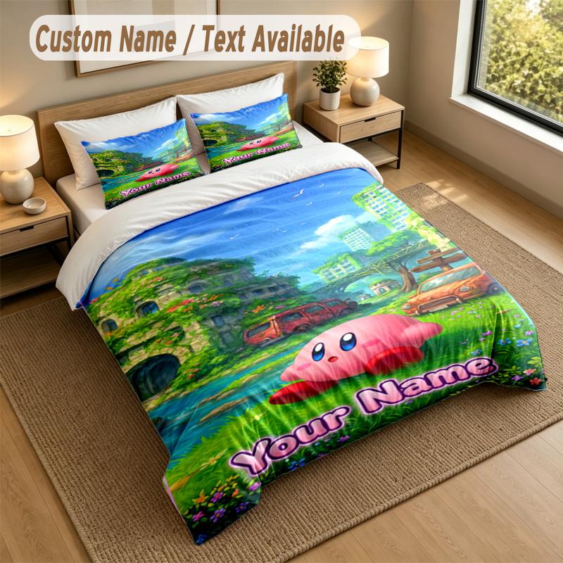 Custom Name Text Bedding 3Pcs Set,Kirby 1 Duvet Cover 2 Pillowcases Soft Bed Linen For Gift