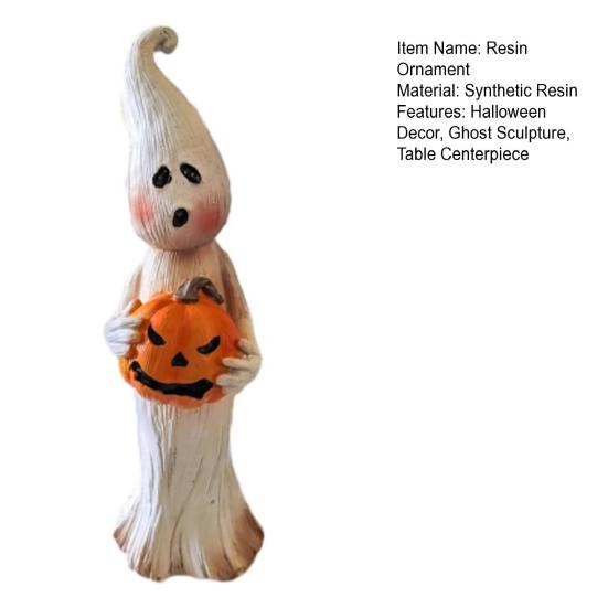 Ghost Figurine Resin Ghost Ornament with Pumpkin Desktop Ghost Sculpture for Halloween