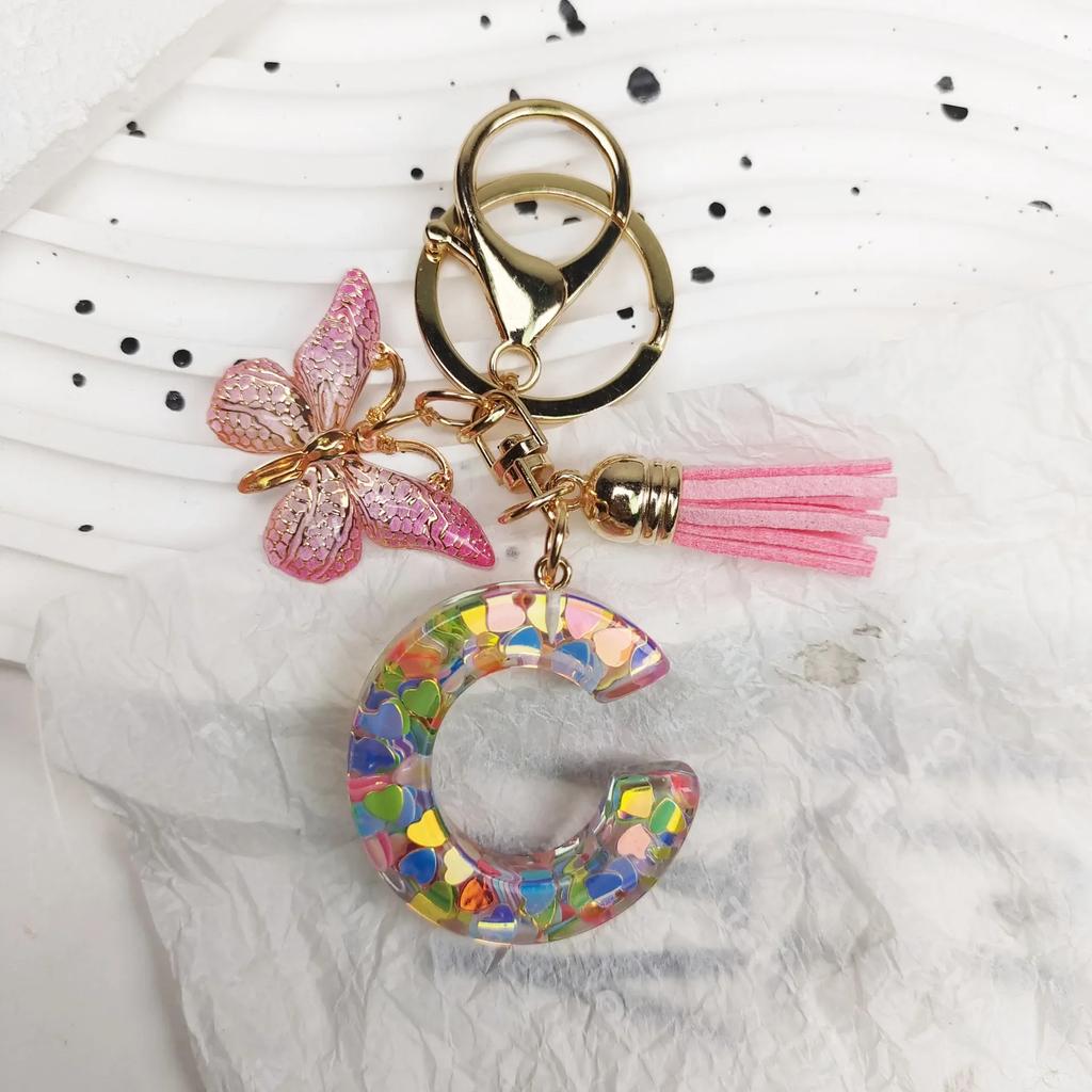 A-Z Dreamy Letters Keychain for Women Tassels Butterfly Pendant Initial Keyrings Purse Suspension Bags Car Key Chain Pink