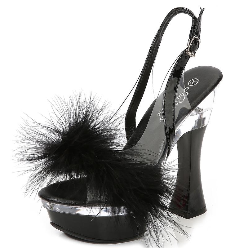 Летние босоножки на очень высоком каблуке с прозрачными светящимися лепестками для стриптиза, женские туфли для ночного клуба, сексуальные сандалии с открытым носком и толстым каблуком, покрытые мехом