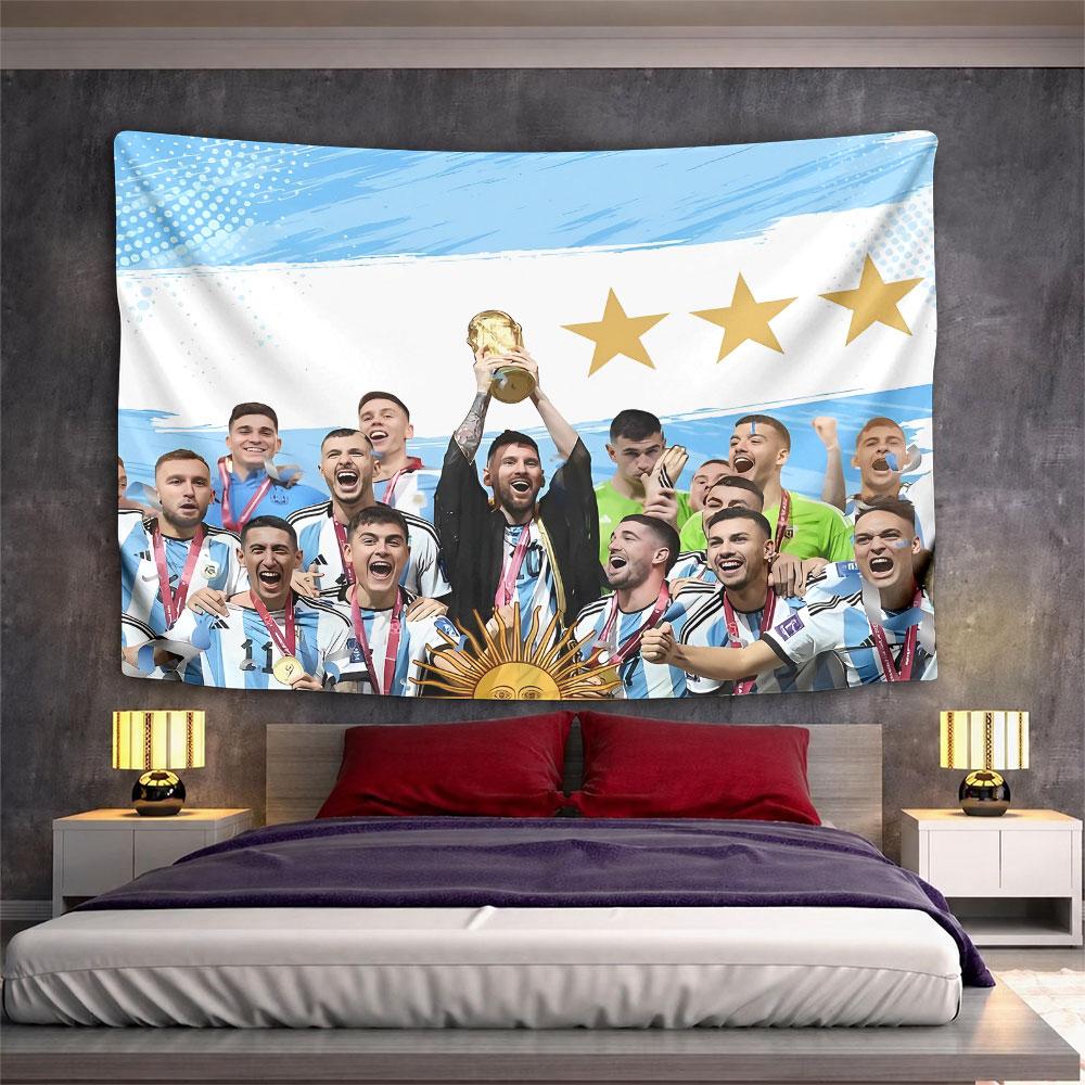 Players celebrate with a trophy, against an Argentina-themed background. Patterned tapestry for bedroom and living room home decor