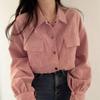 Women's Retro Simple Lapel Short Drawstring Long-sleeved Shirt Blouse Corduroy Thickened with Loose Jacket