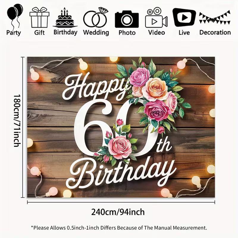 2D 60th Birthday Banner Rustic Wooden Floral Background for Women 60th Birthday Party Decoration