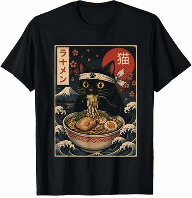 Funny Cat Ramen T Shirt Japanese Style Wave Graphic Tee Casual Unisex Shirt