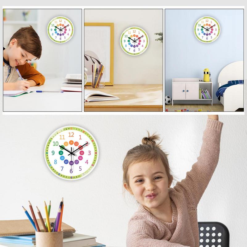 Teaching Time Clock For Kids 8-Inch Kids Room Wall Decor Analog Clock Non Ticking Telling Time Teaching Clock Silent Learn To