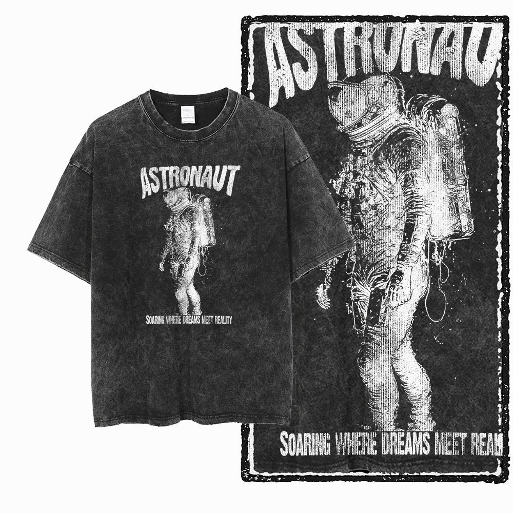 G Acid Washed Black Big Size Cotton Astronaut Printed Unisexs Tshirt Streetwear Cool Vintage Oneck Unisexs Tee Tshirt