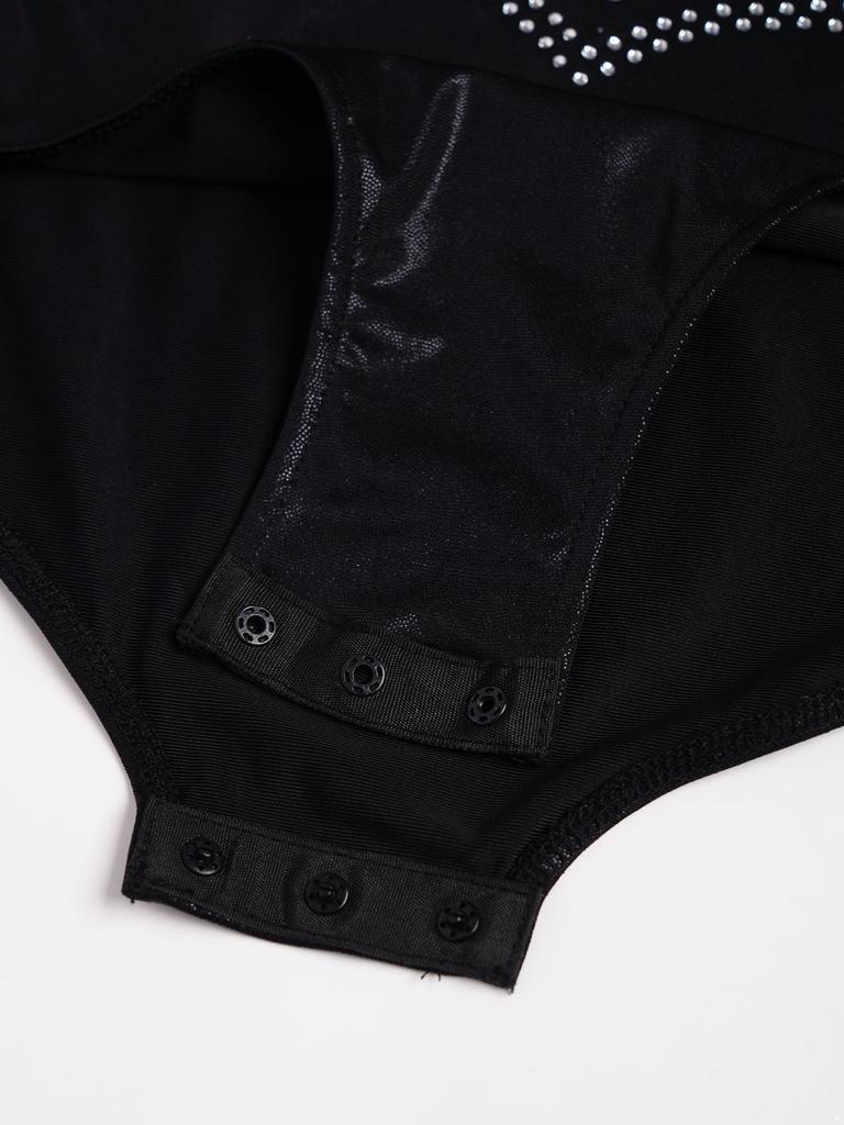 Девочки Танцевальный Купальник Металлик Контрастный Цвет Сетчатая Вставка Пэчворк Без Рукавов Перекрещенная Спинка Вырез Стразы Боди