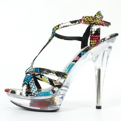 Женские летние пикантные универсальные красочные босоножки из змеиной кожи на высоком каблуке, сандалии серии D113, каблук 13 см, платформа 3 см, LFD