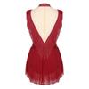 Womens Ballet Gymnastics Dress Rhinestones Figure Ice Skating Leotard Sleeveless Sheer Mesh Patchwork Tassel Skirted Bodysuit