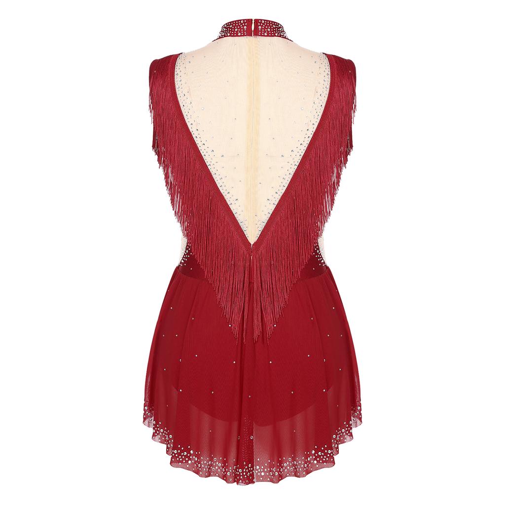 Womens Ballet Gymnastics Dress Rhinestones Figure Ice Skating Leotard Sleeveless Sheer Mesh Patchwork Tassel Skirted Bodysuit