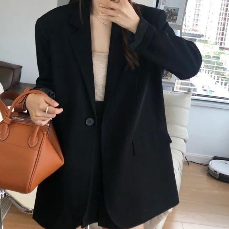 Black Suit Jacket for Women with Unique Korean Design Chic Loose Casual Slimming Autumn Spring Small Suit Top