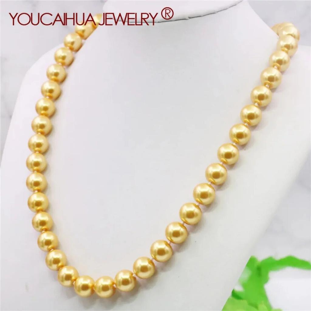 10mm Round Gold Color Pearl Shell Necklace Women Girls Hand Made Jewelry Making Design Fashion Accessory Gifts for Girls Mother