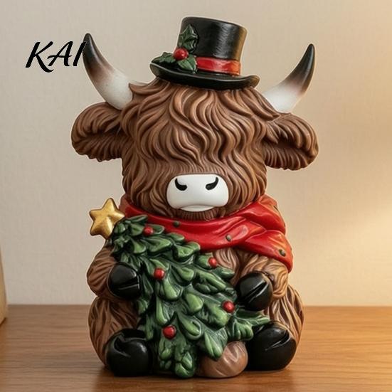 Highland Cow Ornaments Christmas Figurine, Resin Holiday Statue with Santa Hat & Detailed Curly Collectibles Gift Box, Cute Sitting Calf Desktop
