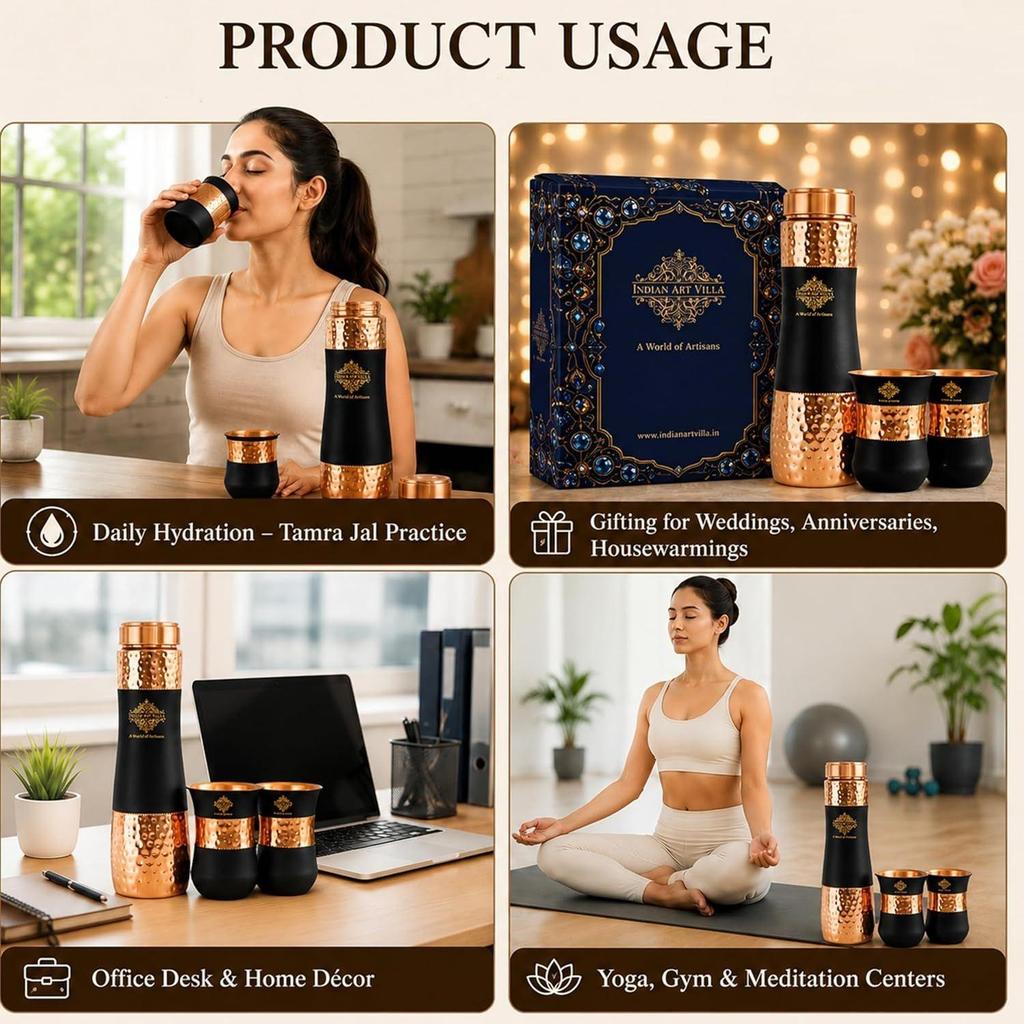 Copper Drinkware Black Silk Finish, Set of 2 Glass and 1 Bottle, Volume - Glass 300 ML, Bottle 1000 ML