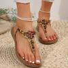 Модные женские босоножки-ремешки с цветными бусинами в стиле бохо, сандалии на плоской подошве с клипсой для женщин, лето 2024, мягкая нескользящая пляжная обувь