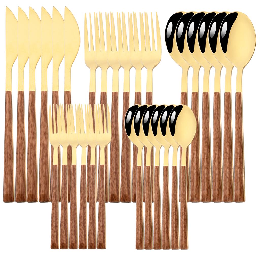 16/24/30Pcs Gold Imitation Wooden Handle Dinnerware Cutlery Set Stainless Steel Tableware Knife Fork Spoons Silverware Western Flatware
