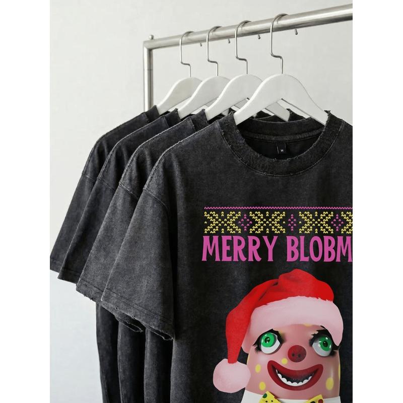 Men'S Mr Blobby Christmas 230G Washed T-Shirt - Oversized Retro TV Show Costume Tee with Iconic Pink & Green Blobby Print, Short Sleeve Casual Shirt