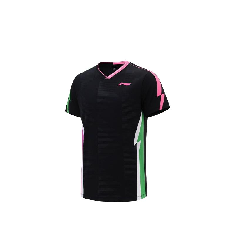 Li-Ning Соревновательная футболка для бадминтона Быстросохнущая Дышащая Двухцветная V-образный вырез Молния Цветной Короткий рукав Унисекс топ AAYW059-1