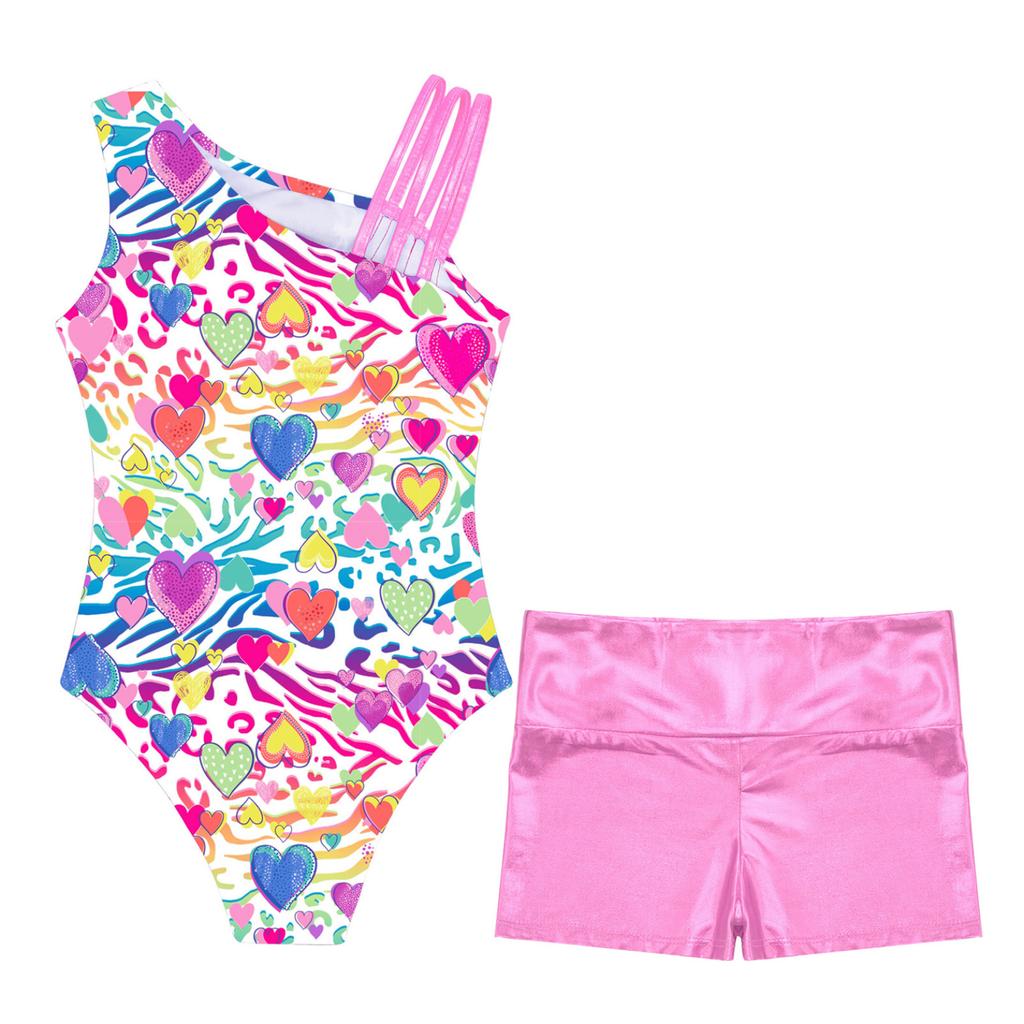 Детские гимнастические купальники без рукавов с асимметричными бретелями и шортами для девочек, спортивные танцевальные велосипедки